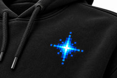 Close-up of the DTF print decoration on the Pixel Drift black DTF print oversized hoodie