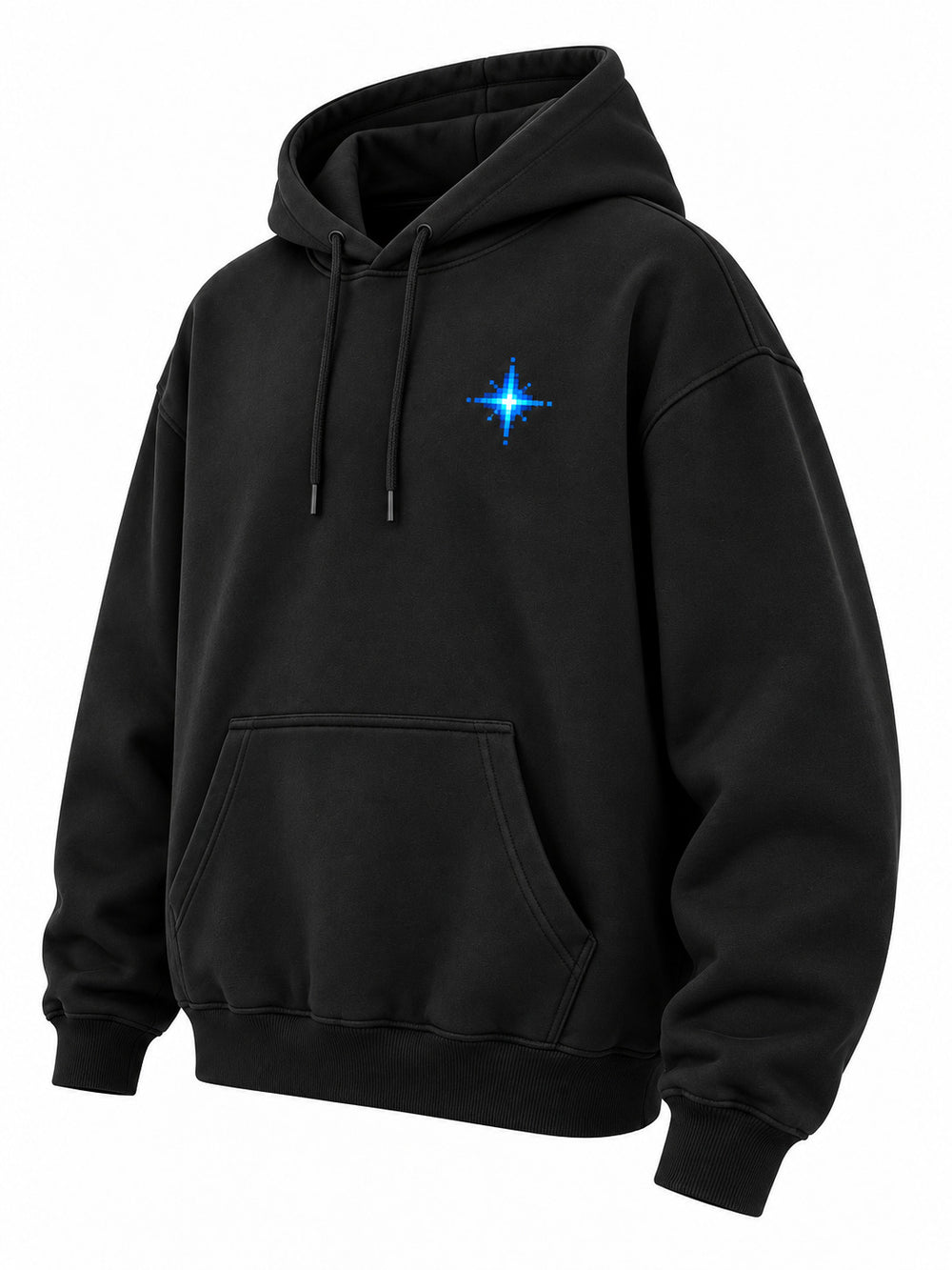 Front three-quarter view of the Pixel Drift black DTF print oversized hoodie