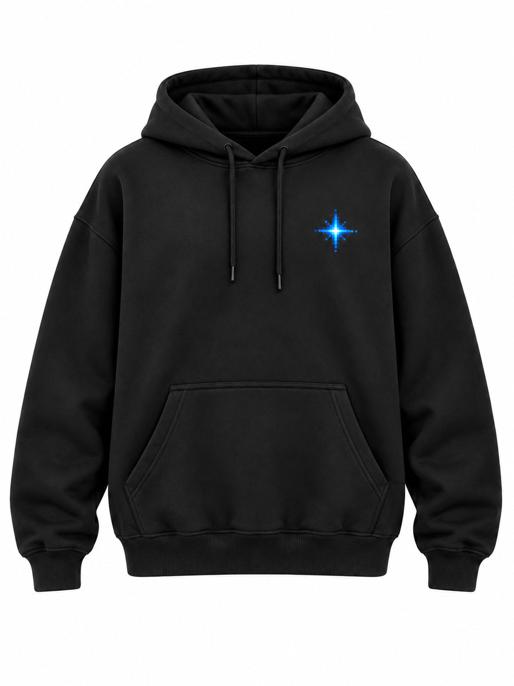Front view of the Pixel Drift black DTF print oversized hoodie with small electric cyan pixel star
