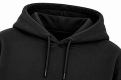 Close-up of the hood and neckline of the Pixel Drift black DTF print oversized hoodie
