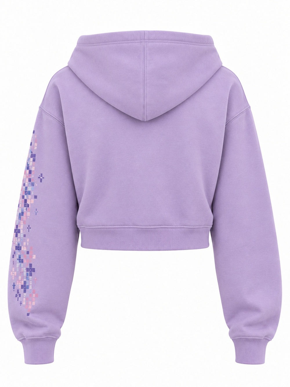 Back view of the Pixel Butterfly lilac DTF print cropped zip-up hoodie with plain back; a trail of pixel squares runs down the sleeve