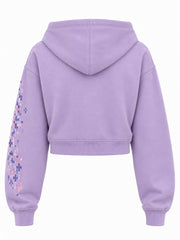 Back view of the Pixel Butterfly lilac DTF print cropped zip-up hoodie with plain back; a trail of pixel squares runs down the sleeve