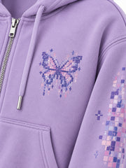 Close-up of the DTF print decoration on the Pixel Butterfly lilac DTF print cropped zip-up hoodie