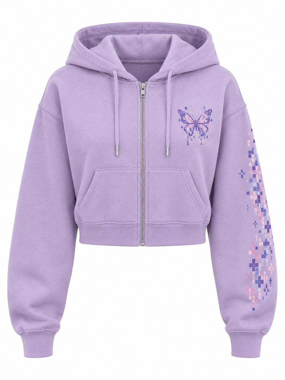 Front view of the Pixel Butterfly lilac DTF print cropped zip-up hoodie with small violet and pink pixel-art butterfly on the left chest