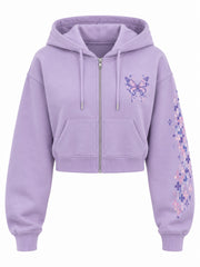 Front view of the Pixel Butterfly lilac DTF print cropped zip-up hoodie with small violet and pink pixel-art butterfly on the left chest