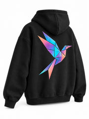 Rear three-quarter view of the Prism Bird black DTF print oversized hoodie