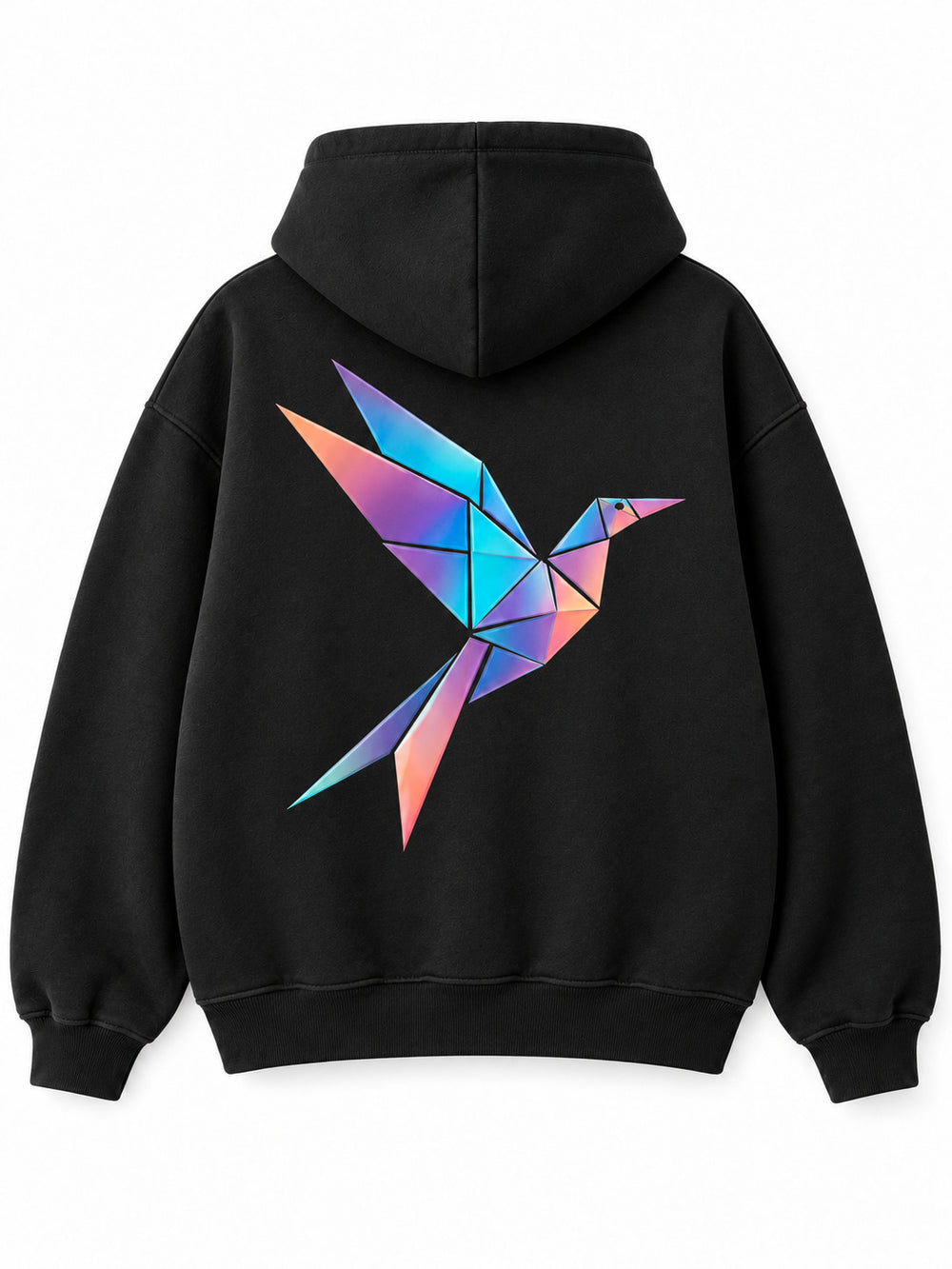Back view of the Prism Bird black DTF print oversized hoodie with a large faceted geometric bird in vivid colors