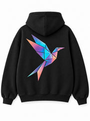 Back view of the Prism Bird black DTF print oversized hoodie with a large faceted geometric bird in vivid colors