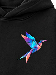 Close-up of the DTF print decoration on the Prism Bird black DTF print oversized hoodie
