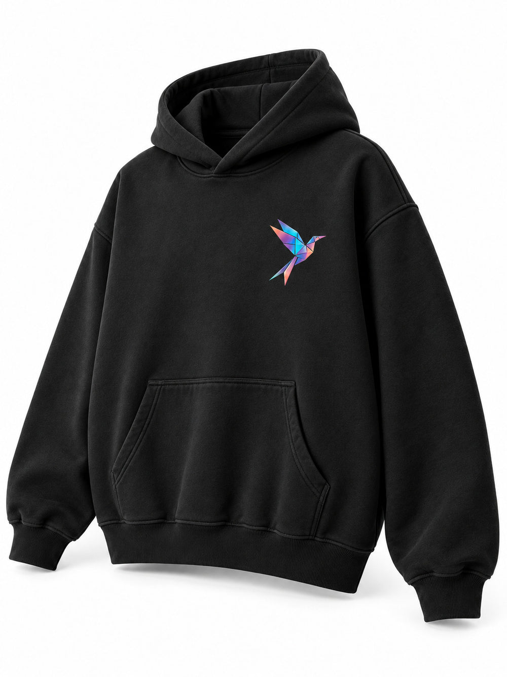 Front three-quarter view of the Prism Bird black DTF print oversized hoodie