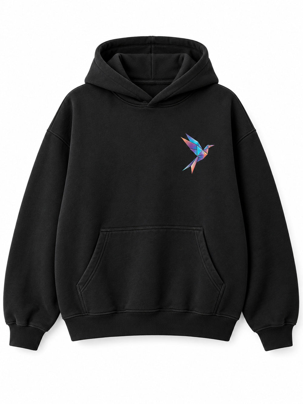 Front view of the Prism Bird black DTF print oversized hoodie with a small multicolor geometric bird at the left chest