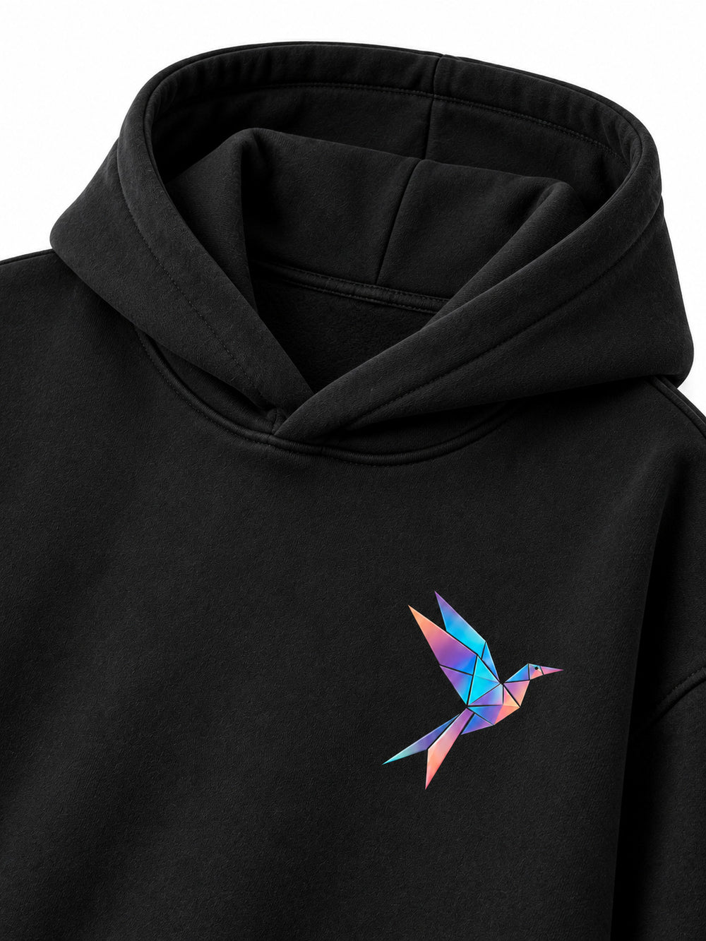Close-up of the hood and neckline of the Prism Bird black DTF print oversized hoodie