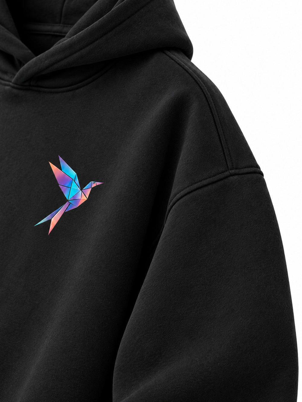 Close-up of the sleeve of the Prism Bird black DTF print oversized hoodie