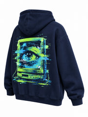 Rear three-quarter view of the Signal Lost navy DTF print oversized hoodie