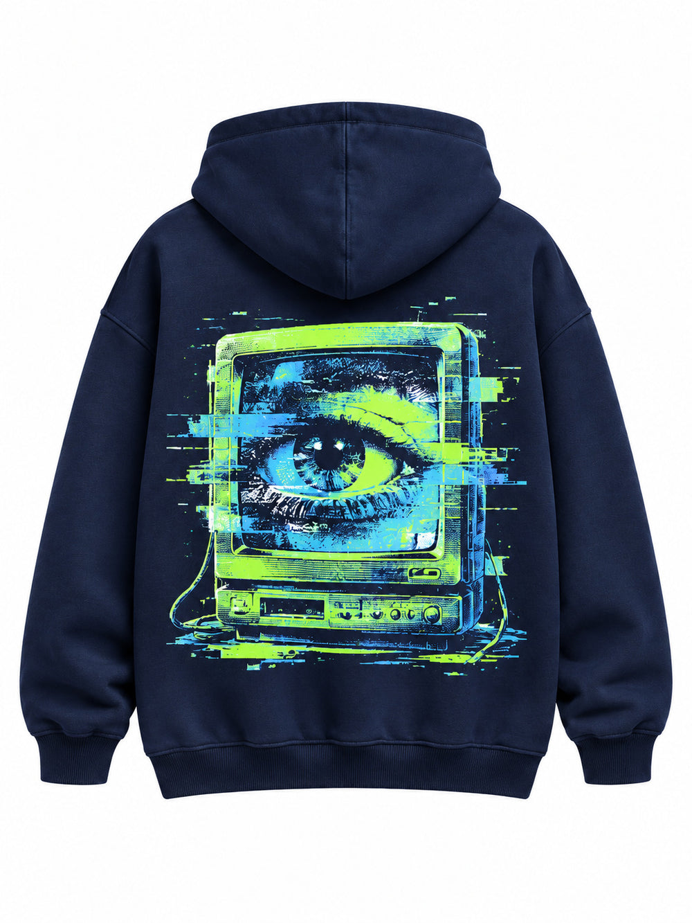 Back view of the Signal Lost navy DTF print oversized hoodie with retro CRT monitor with a glitch eye in lime and cyan