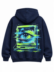 Back view of the Signal Lost navy DTF print oversized hoodie with retro CRT monitor with a glitch eye in lime and cyan