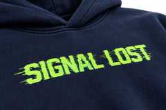 Close-up of the DTF print decoration on the Signal Lost navy DTF print oversized hoodie