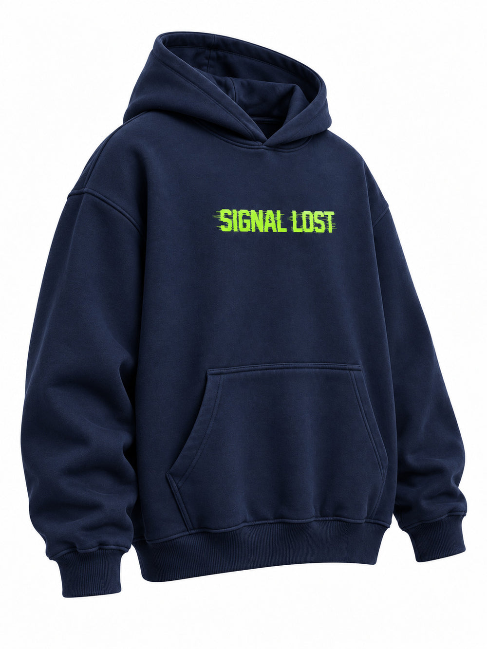 Front three-quarter view of the Signal Lost navy DTF print oversized hoodie