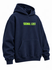 Front three-quarter view of the Signal Lost navy DTF print oversized hoodie