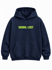 Front view of the Signal Lost navy DTF print oversized hoodie with compact lime SIGNAL LOST lettering