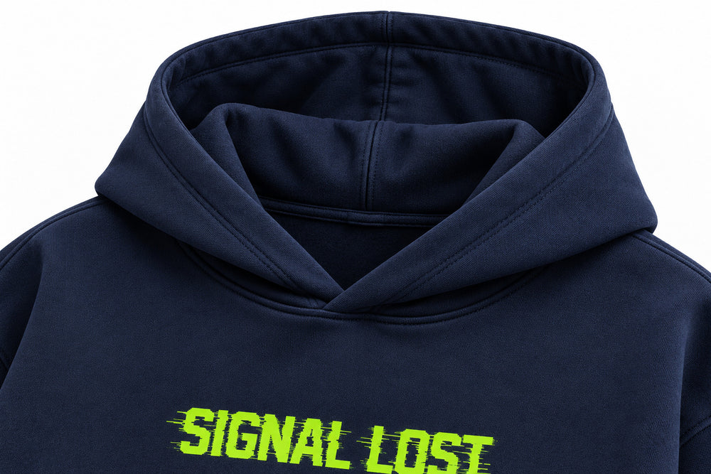 Close-up of the hood and neckline of the Signal Lost navy DTF print oversized hoodie
