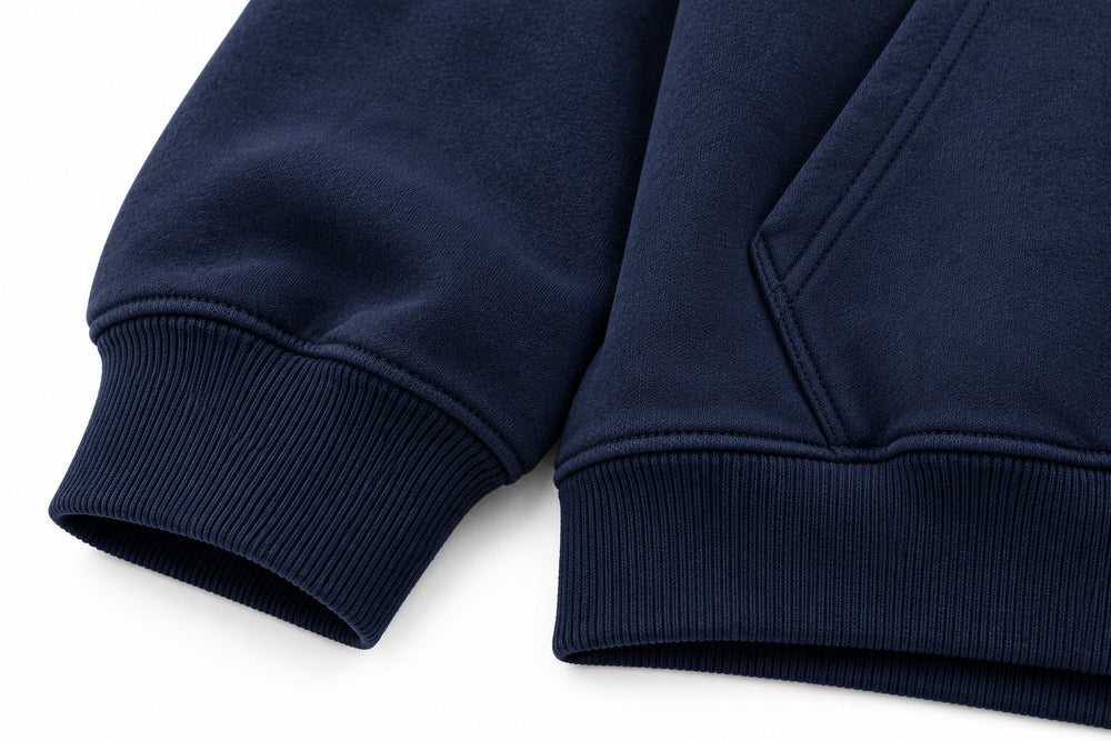 Close-up of the seam stitching of the Signal Lost navy DTF print oversized hoodie