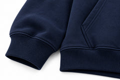 Close-up of the seam stitching of the Signal Lost navy DTF print oversized hoodie