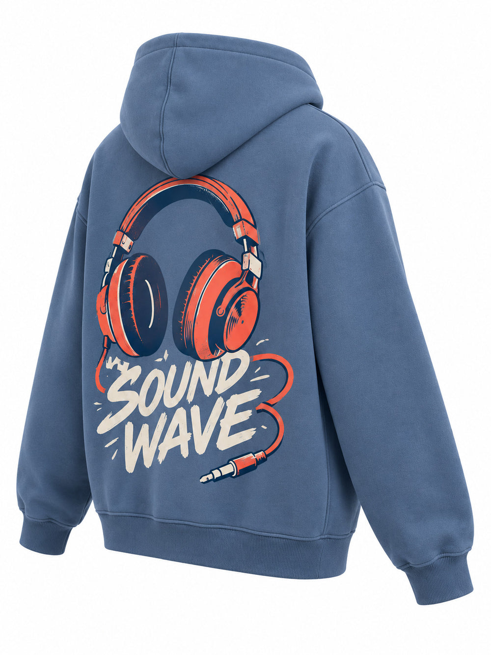 Rear three-quarter view of the Sound Wave steel blue DTF print boxy hoodie