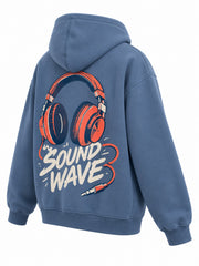 Rear three-quarter view of the Sound Wave steel blue DTF print boxy hoodie