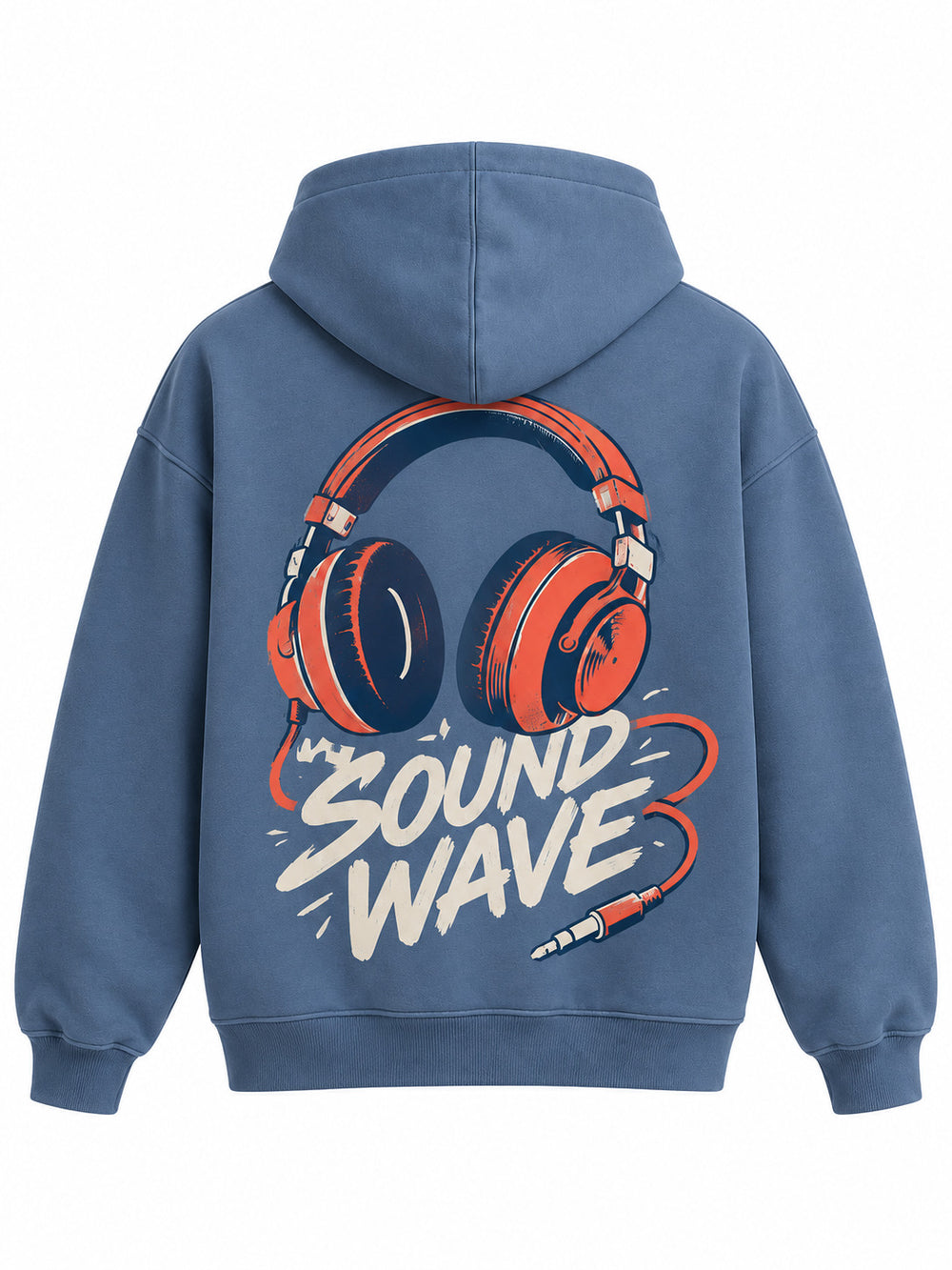 Back view of the Sound Wave steel blue DTF print boxy hoodie with coral and navy retro headphones with white SOUND WAVE lettering