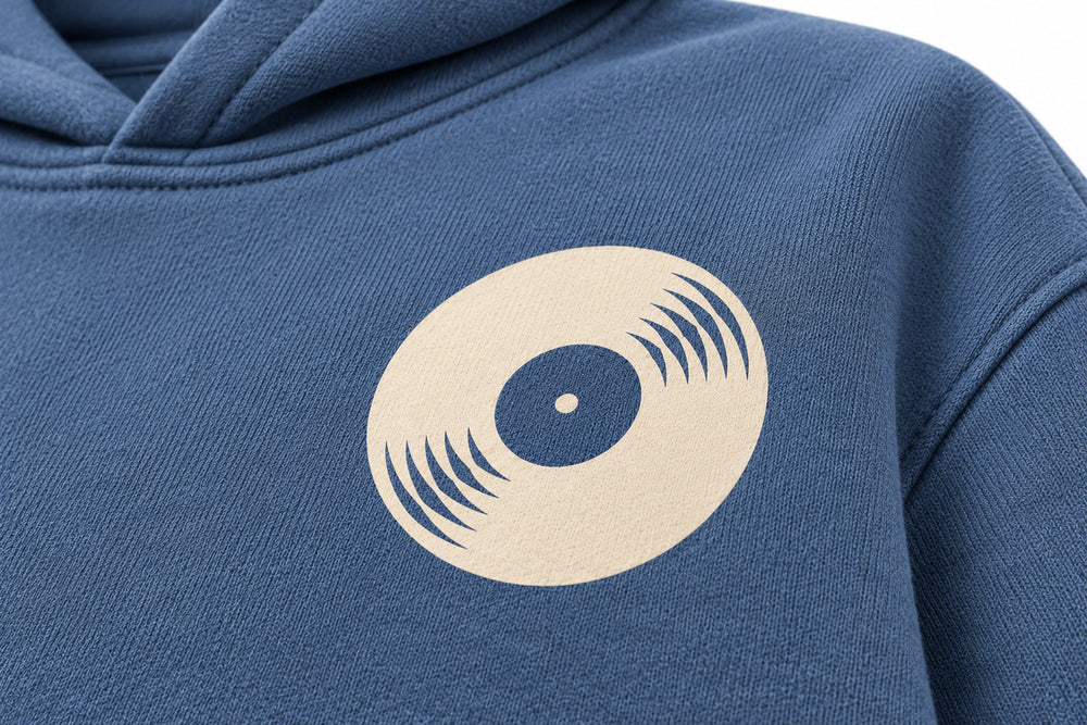 Close-up of the DTF print decoration on the Sound Wave steel blue DTF print boxy hoodie