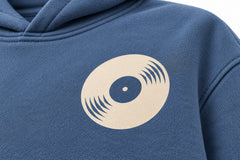 Close-up of the DTF print decoration on the Sound Wave steel blue DTF print boxy hoodie