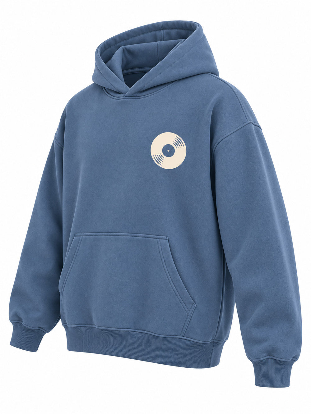 Front three-quarter view of the Sound Wave steel blue DTF print boxy hoodie