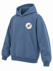 Front three-quarter view of the Sound Wave steel blue DTF print boxy hoodie