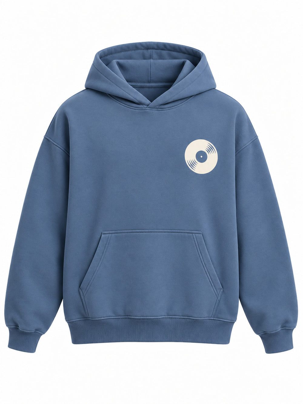 Front view of the Sound Wave steel blue DTF print boxy hoodie with small cream vinyl record