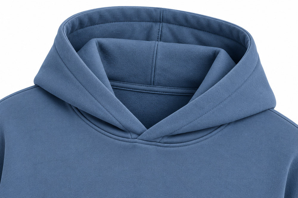 Close-up of the hood and neckline of the Sound Wave steel blue DTF print boxy hoodie