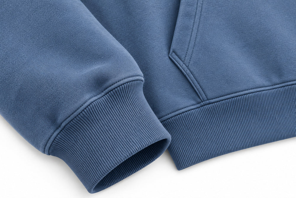 Close-up of the seam stitching of the Sound Wave steel blue DTF print boxy hoodie