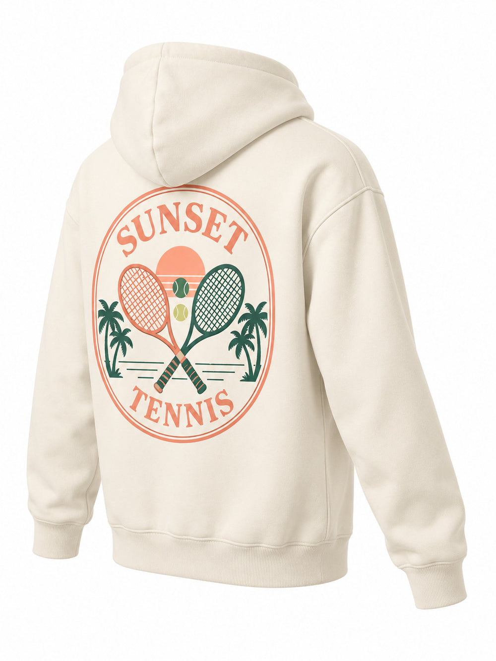 Rear three-quarter view of the Sunset Tennis ivory DTF print hoodie