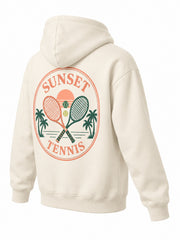 Rear three-quarter view of the Sunset Tennis ivory DTF print hoodie