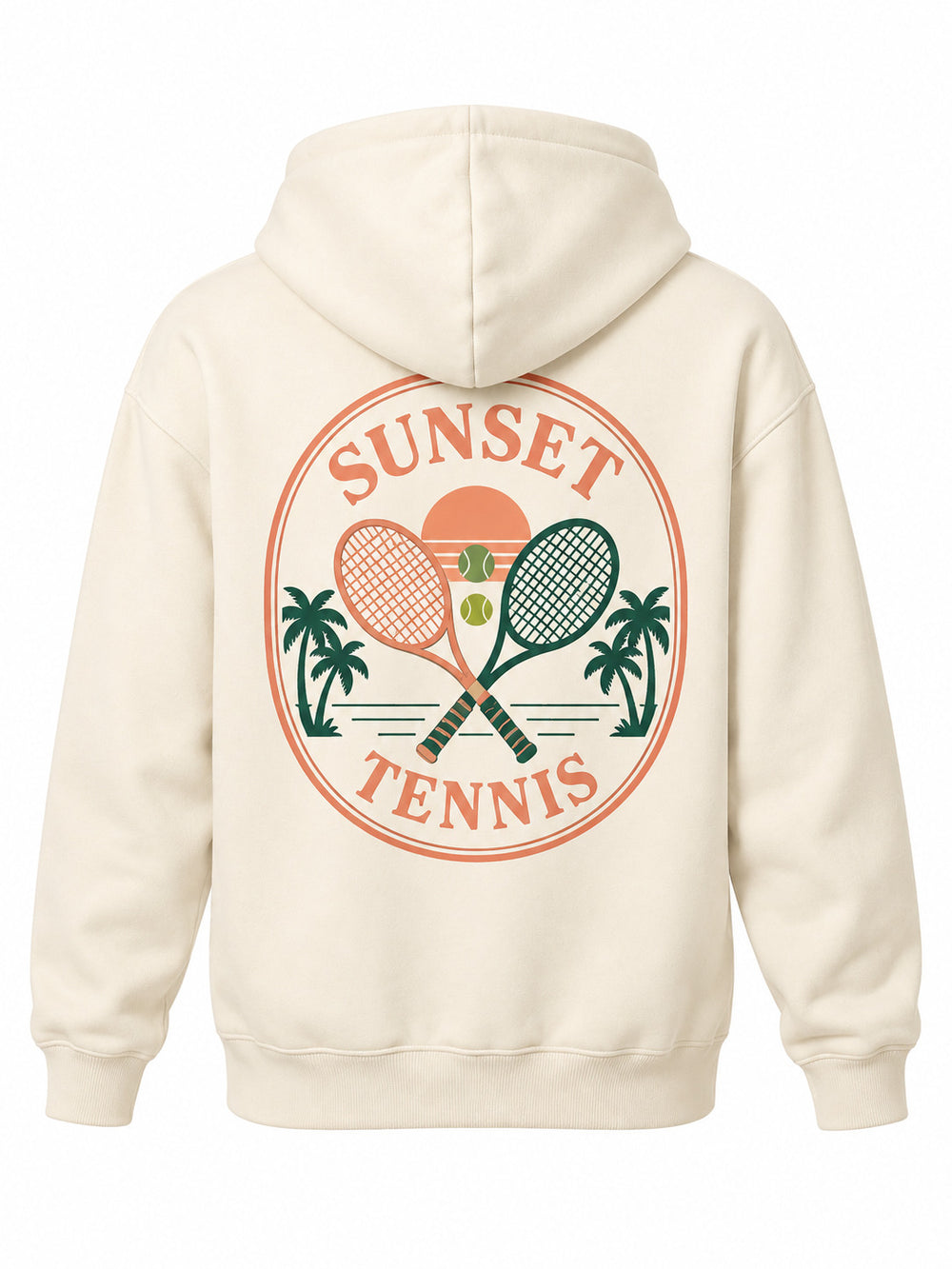 Back view of the Sunset Tennis ivory DTF print hoodie with coral and forest tennis racquets inside an oval SUNSET TENNIS layout