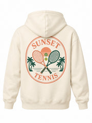 Back view of the Sunset Tennis ivory DTF print hoodie with coral and forest tennis racquets inside an oval SUNSET TENNIS layout