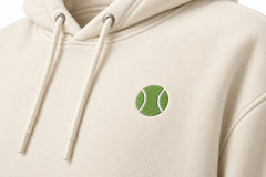 Close-up of the DTF print decoration on the Sunset Tennis ivory DTF print hoodie