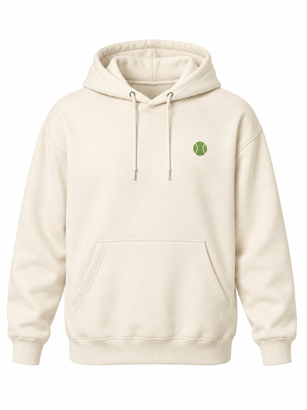 Front view of the Sunset Tennis ivory DTF print hoodie with small green tennis ball emblem