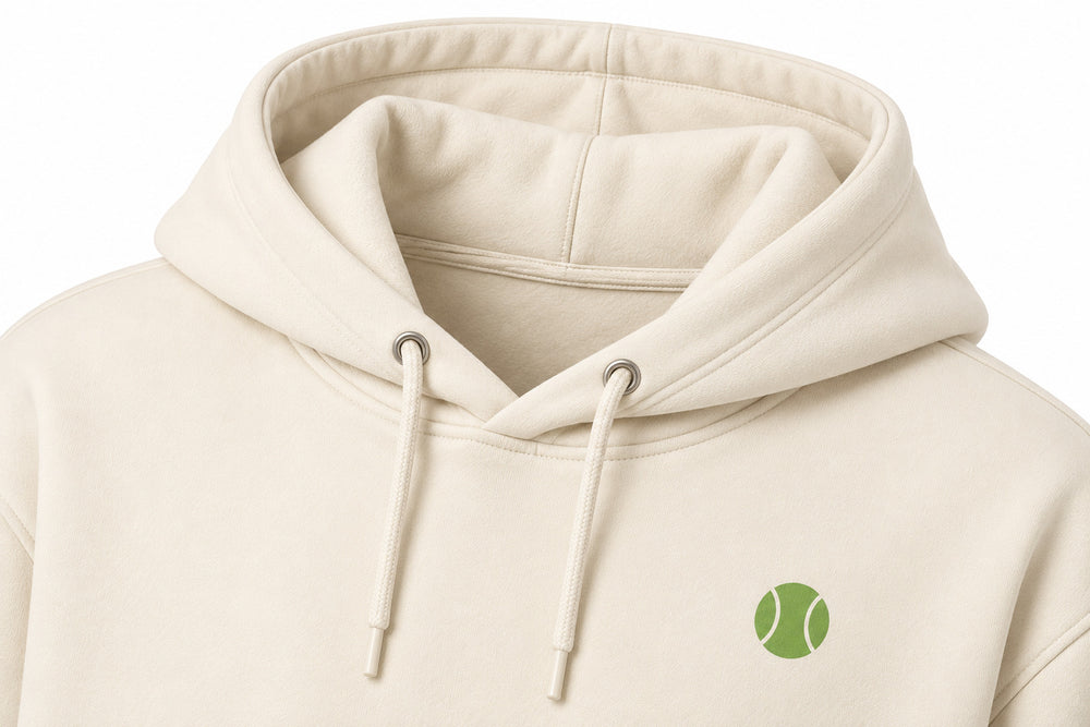 Close-up of the hood and neckline of the Sunset Tennis ivory DTF print hoodie