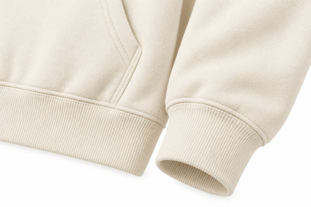 Close-up of the seam stitching of the Sunset Tennis ivory DTF print hoodie