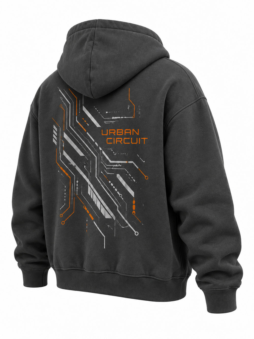 Rear three-quarter view of the Urban Circuit charcoal DTF print boxy hoodie