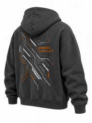 Rear three-quarter view of the Urban Circuit charcoal DTF print boxy hoodie