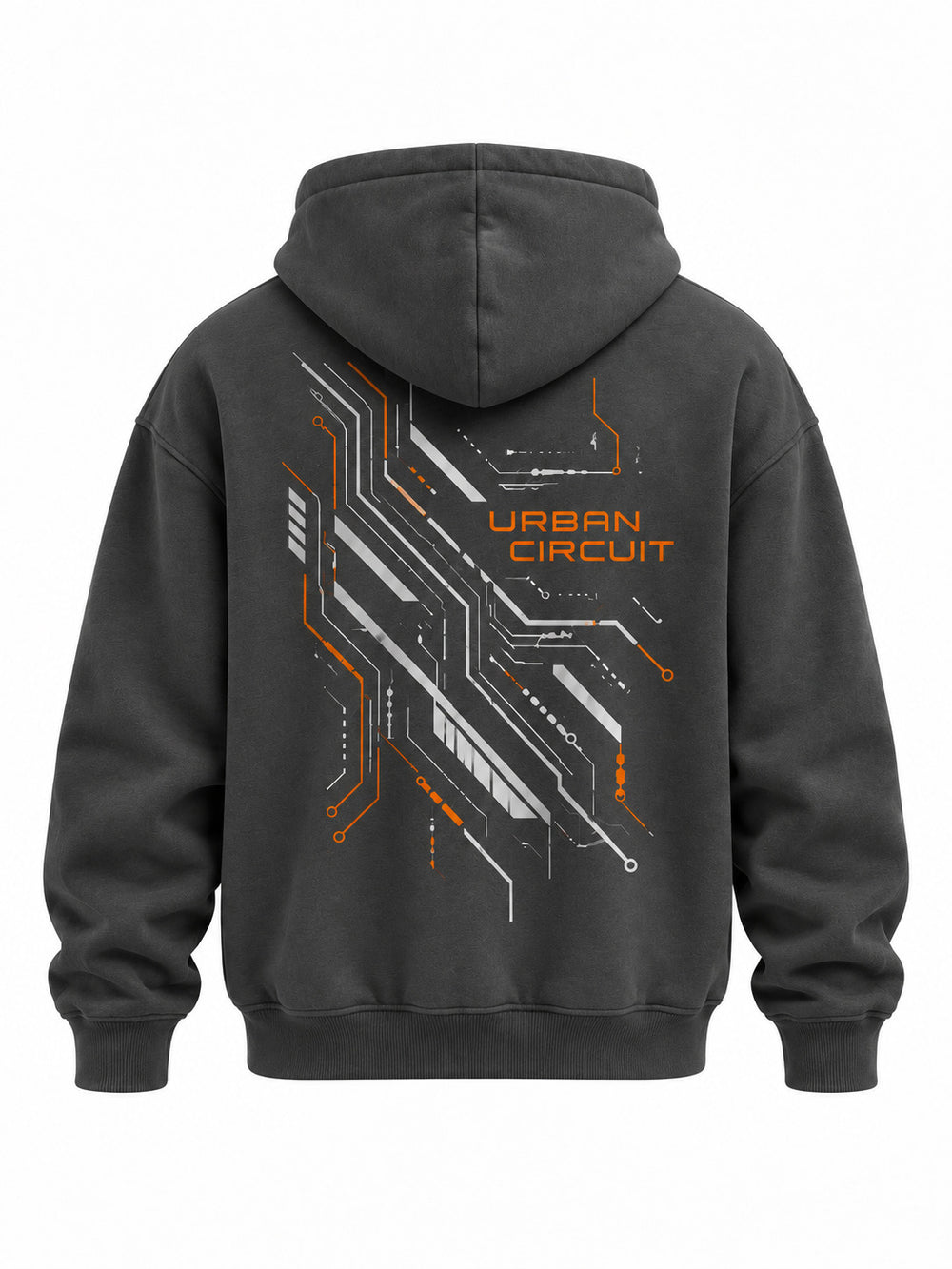 Back view of the Urban Circuit charcoal DTF print boxy hoodie with angular silver-gray circuit pattern with orange URBAN CIRCUIT lettering