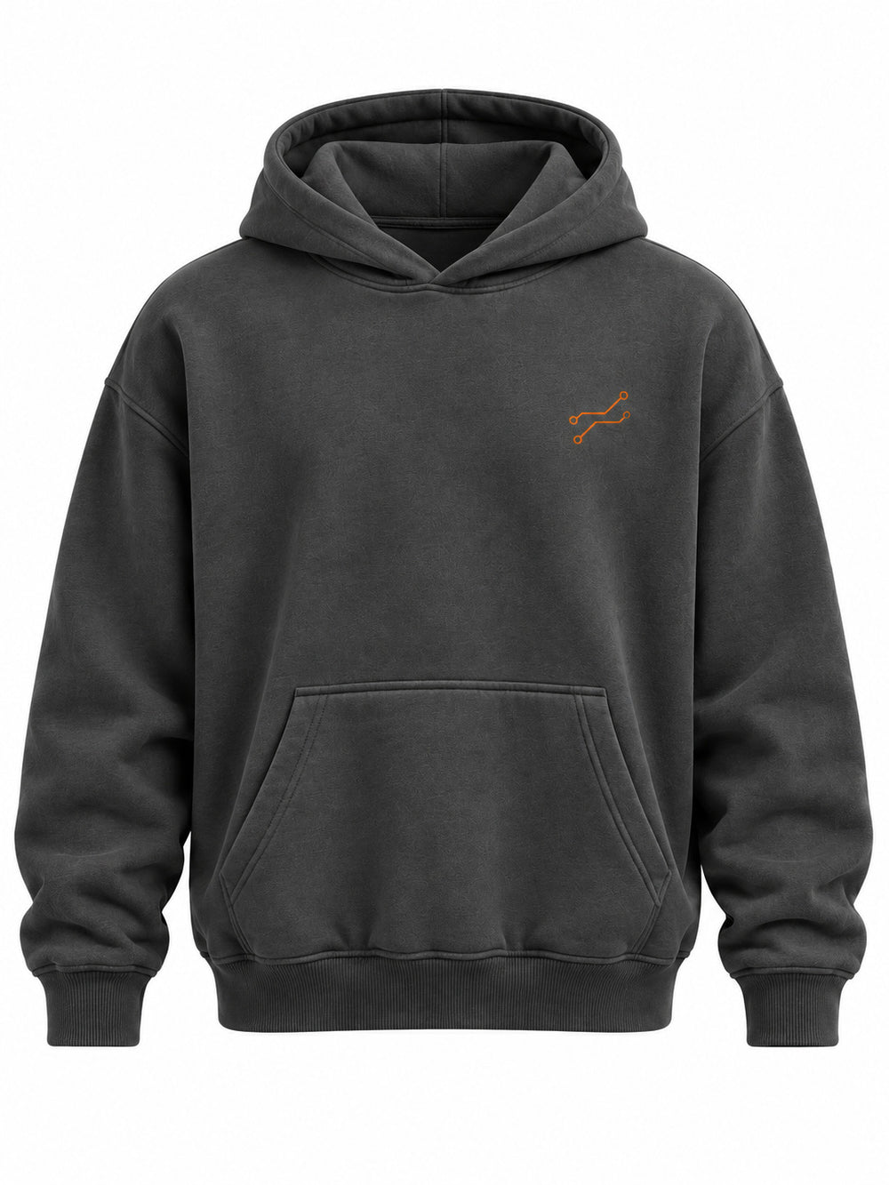 Front view of the Urban Circuit charcoal DTF print boxy hoodie with tiny orange circuit symbol