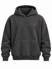 Front view of the Urban Circuit charcoal DTF print boxy hoodie with tiny orange circuit symbol